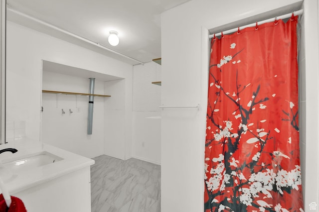 2313 N 850 E, Lehi, UT 84043 - full bathroom with marble look tile flooring, vanity, and a shower with shower curtain