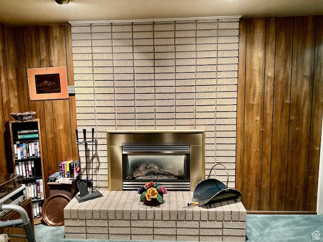 1208 Valhalla Dr, Clearfield, UT 84015 - detailed view of carpet floors, a fireplace, and wooden walls