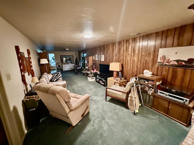 1208 Valhalla Dr, Clearfield, UT 84015 - carpeted living area featuring wood walls