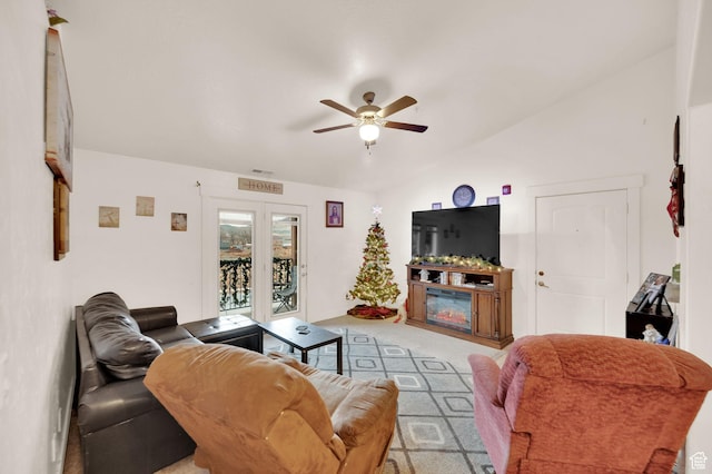 1045 S 1700 W Unit 133, Payson, UT 84651 - living area featuring a ceiling fan, lofted ceiling, light colored carpet, and french doors