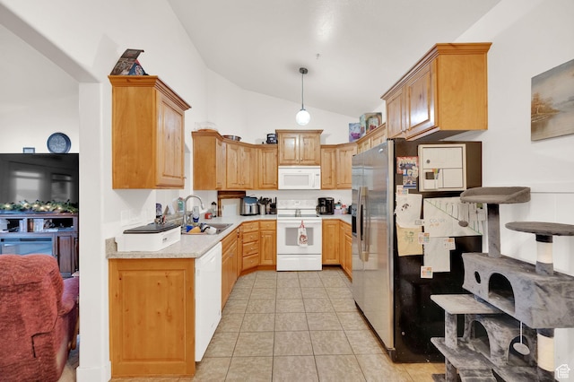 1045 S 1700 W Unit 133, Payson, UT 84651 - kitchen with white appliances, lofted ceiling, light countertops, light tile patterned floors, and decorative light fixtures