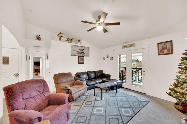 1045 S 1700 W Unit 133, Payson, UT 84651 - living room with lofted ceiling, a ceiling fan, and light colored carpet