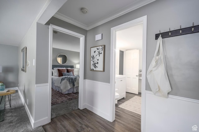 2220 E Murray Holladay Rd S Unit 75, Salt Lake City, UT 84117 - corridor with dark wood-style floors and ornamental molding