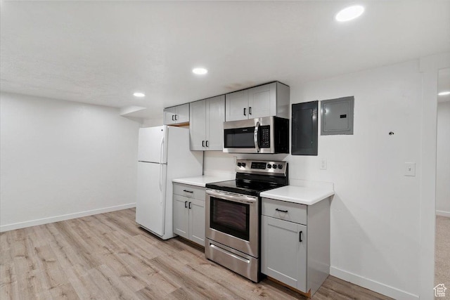 321 E 1040 N, Orem, UT 84057 - kitchen featuring stainless steel appliances, electric panel, gray cabinets, light countertops, and recessed lighting
