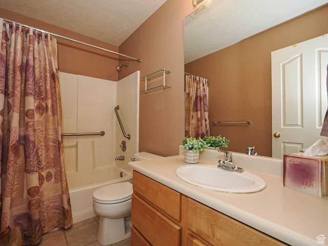 11965 S Draperville Ave, Draper, UT 84020 - bathroom featuring shower / tub combo with curtain, vanity, tile patterned flooring, and a textured ceiling