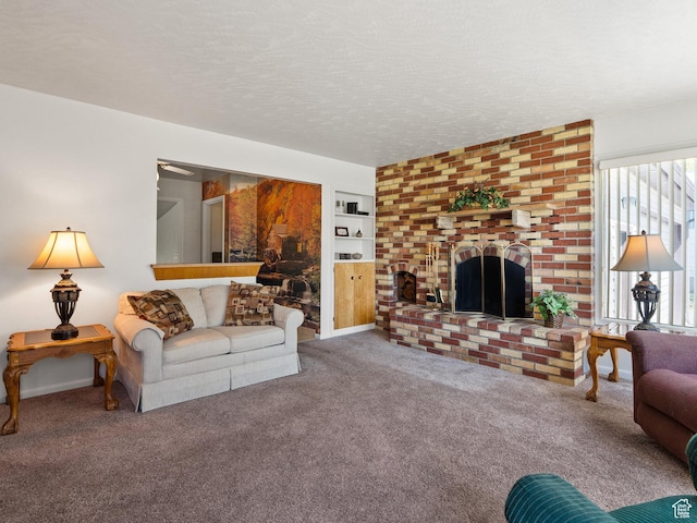 320 S 2nd St W, Soda Springs, ID 83276 - living area with carpet flooring, a fireplace, a textured ceiling, and built in features