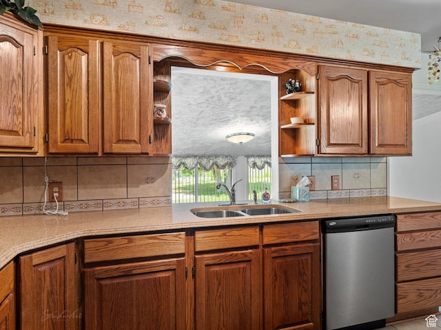 320 S 2nd St W, Soda Springs, ID 83276 - kitchen with dishwasher, open shelves, brown cabinetry, and wallpapered walls