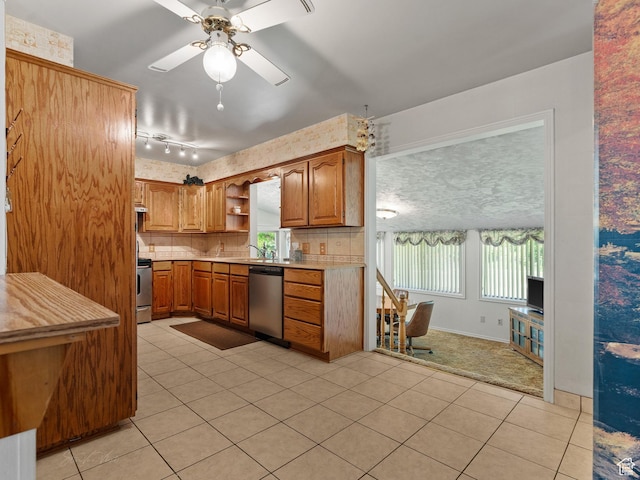 320 S 2nd St W, Soda Springs, ID 83276 - kitchen featuring stove, stainless steel dishwasher, open shelves, light tile patterned floors, and light countertops