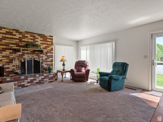 320 S 2nd St W, Soda Springs, ID 83276 - living room featuring a fireplace, carpet, and a textured ceiling