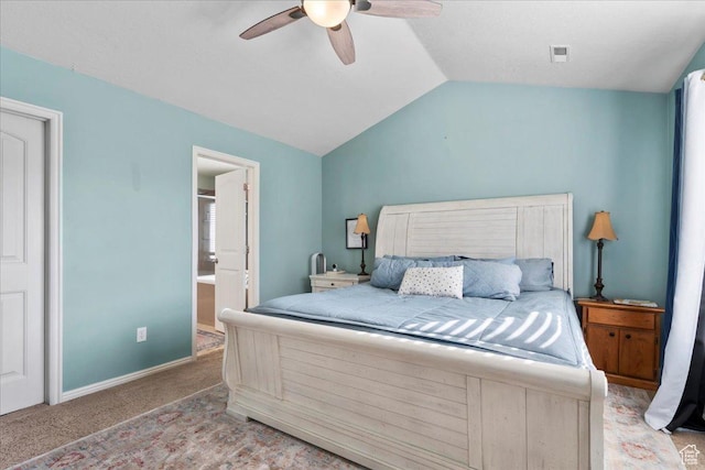 5023 W Currant Dr S, South Jordan, UT 84009 - bedroom featuring carpet floors, vaulted ceiling, ceiling fan, and ensuite bathroom