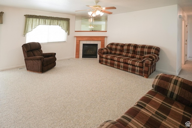 2187 N 3900 W, Plain City, UT 84404 - living room featuring carpet floors, a ceiling fan, and a tile fireplace
