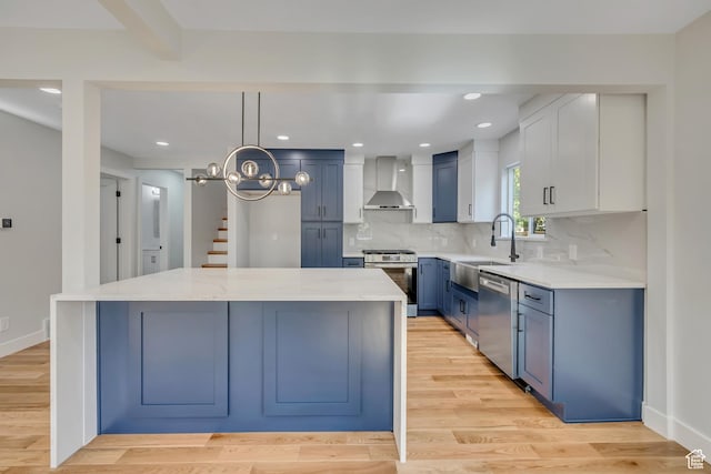 1804 S Park St, Salt Lake City, UT 84105 - kitchen with appliances with stainless steel finishes, wall chimney range hood, a kitchen island, tasteful backsplash, and light wood finished floors
