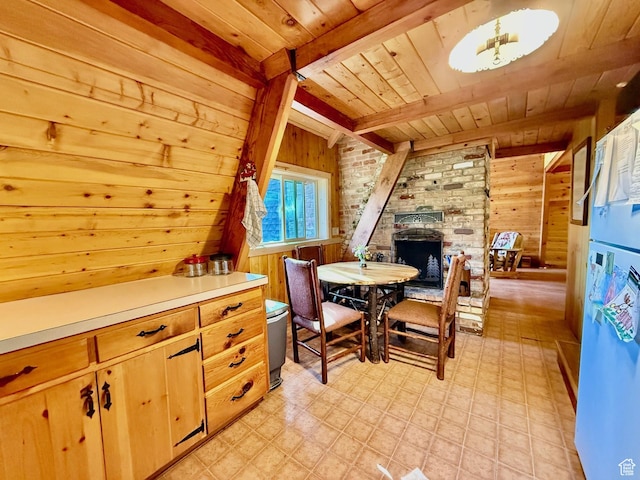 10215 E Moose Rd Unit 1, Brighton, UT 84121 - dining room featuring a wooden ceiling with exposed beams, light floors, and wood walls