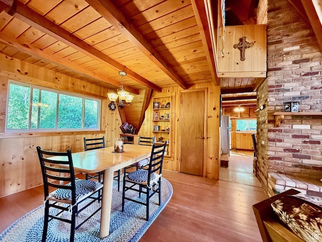 10215 E Moose Rd Unit 1, Brighton, UT 84121 - dining space featuring a chandelier, a wooden ceiling with exposed beams, wood finished floors, wooden walls, and brick wall