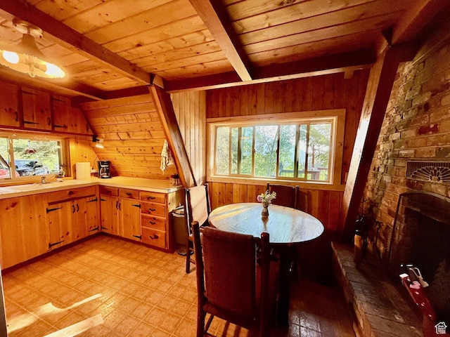 10215 E Moose Rd Unit 1, Brighton, UT 84121 - dining space with a wooden ceiling with exposed beams, wood walls, and light floors