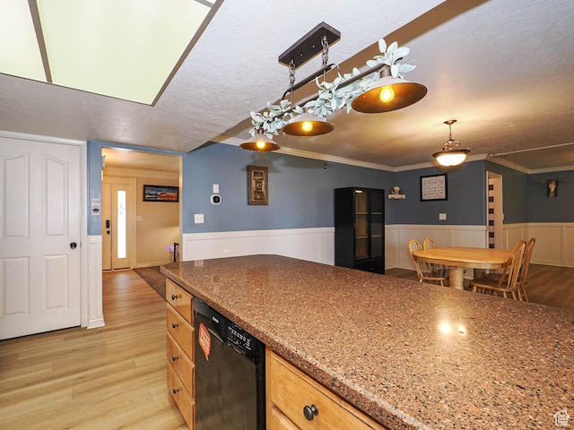 4060 W 2550 S, Taylor, UT 84401 - kitchen with black dishwasher, a wainscoted wall, light wood finished floors, a textured ceiling, and crown molding
