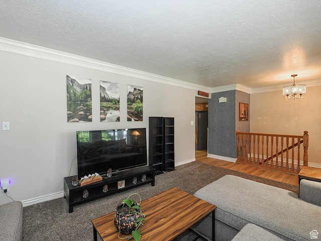 4060 W 2550 S, Taylor, UT 84401 - living room featuring crown molding, a chandelier, a textured ceiling, and wood finished floors