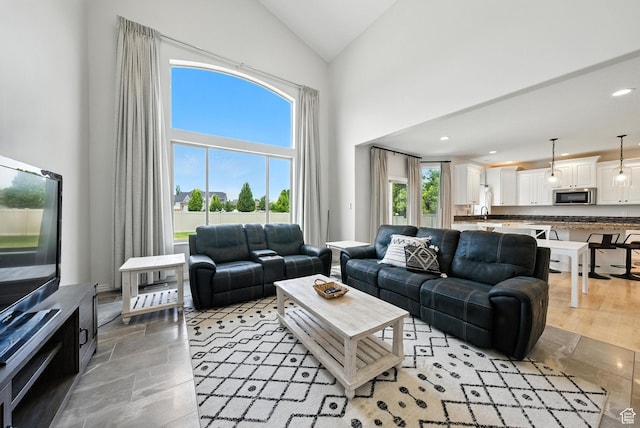 3072 W Current Creek Dr, South Jordan, UT 84095 - living room featuring high vaulted ceiling and recessed lighting