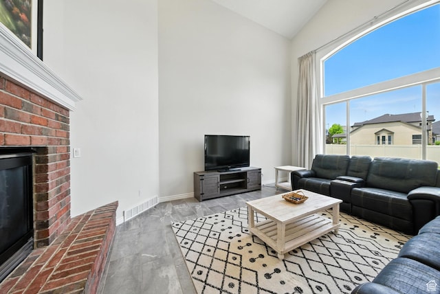 3072 W Current Creek Dr, South Jordan, UT 84095 - living room with high vaulted ceiling and a brick fireplace