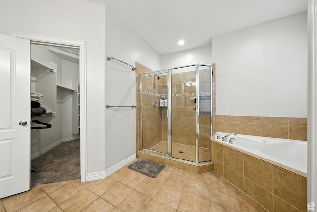 3072 W Current Creek Dr, South Jordan, UT 84095 - bathroom featuring a stall shower, a bath, a spacious closet, tile patterned floors, and recessed lighting