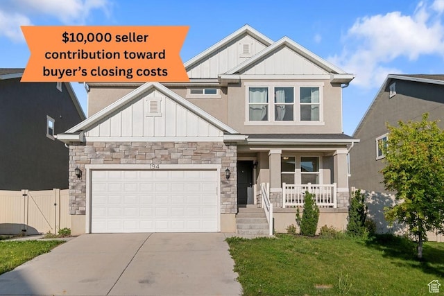 194 N Valcrest Dr, Saratoga Springs, UT 84045 - craftsman inspired home with board and batten siding, stone siding, a porch, and concrete driveway