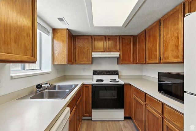 1731 W 800 N, Pleasant Grove, UT 84062 - kitchen featuring white appliances, under cabinet range hood, light wood-type flooring, and light countertops
