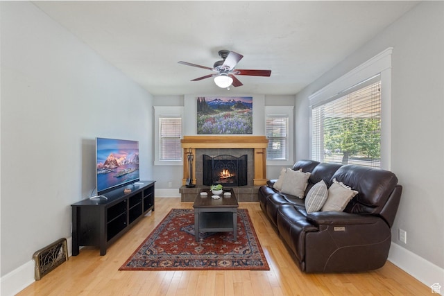 1143 E 1300 S, Salt Lake City, UT 84105 - living room with wood finished floors, ceiling fan, and a lit fireplace