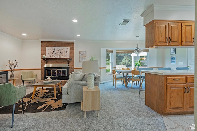 1814 E 9800 S, Sandy, UT 84092 - living area featuring a brick fireplace, light carpet, crown molding, recessed lighting, and a textured ceiling