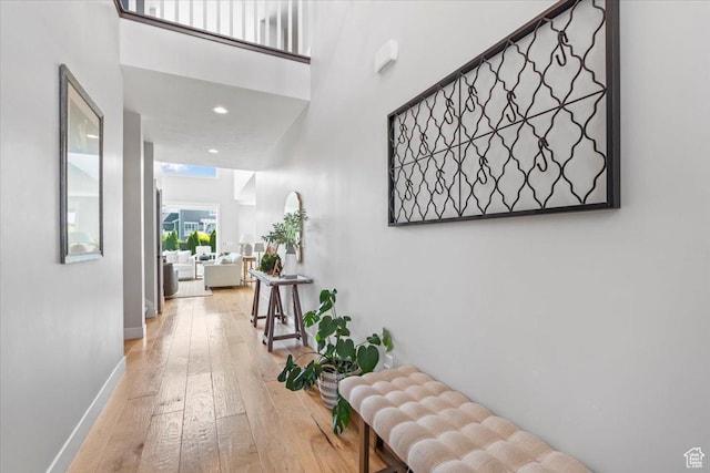 10262 N Yorkshire Cir, Highland, UT 84003 - corridor featuring a high ceiling, wood-type flooring, and recessed lighting
