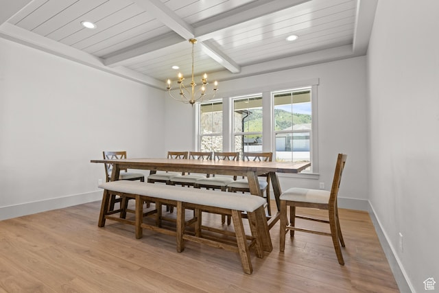 177 E 475 S, Mantua, UT 84324 - dining space with a chandelier, light wood finished floors, recessed lighting, and a wood ceiling with exposed beams