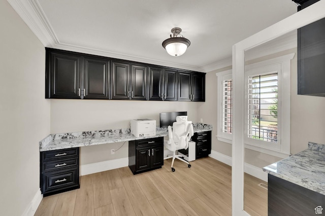 1788 N 925 E, North Ogden, UT 84414 - office area featuring built in desk, crown molding, and light wood-type flooring