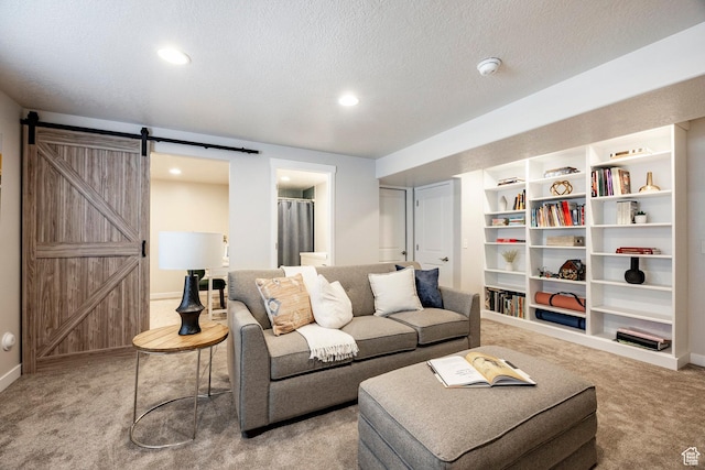 728 W 12260 S, Draper, UT 84020 - carpeted living room featuring a barn door, a textured ceiling, and recessed lighting