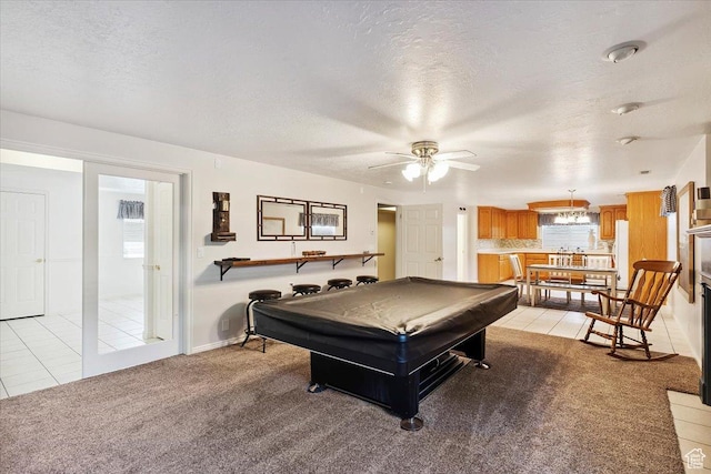 7258 S Mel Helen Way, West Jordan, UT 84084 - recreation room featuring pool table, light tile patterned flooring, a ceiling fan, a textured ceiling, and light carpet