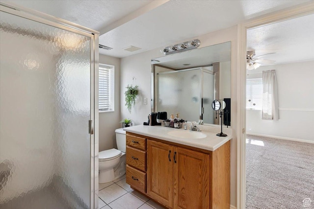 7258 S Mel Helen Way, West Jordan, UT 84084 - bathroom featuring a shower stall, vanity, healthy amount of natural light, and ceiling fan