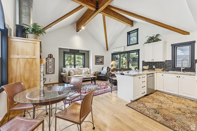954 Empire Ave, Park City, UT 84060 - dining area with beam ceiling, light wood-style floors, high vaulted ceiling, and a wall unit AC