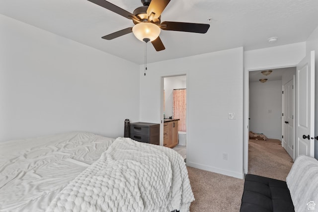 4211 W Camp Floyd Ct, Riverton, UT 84096 - bedroom with light colored carpet, a ceiling fan, and connected bathroom
