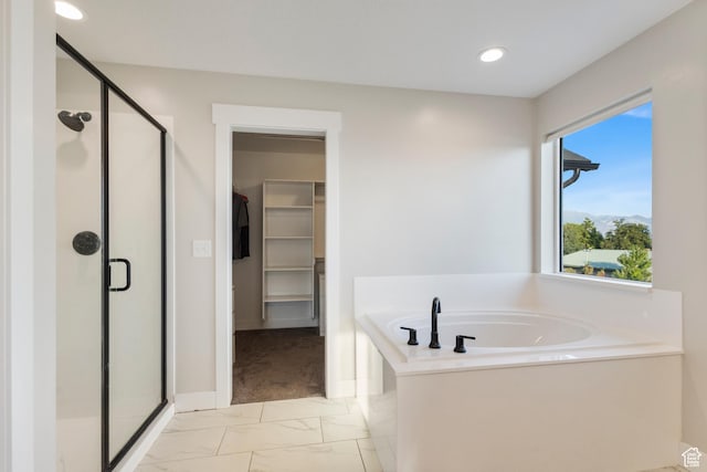 1401 W 1930 N, Pleasant Grove, UT 84062 - full bathroom with a shower stall, marble look tile flooring, a garden tub, a spacious closet, and recessed lighting
