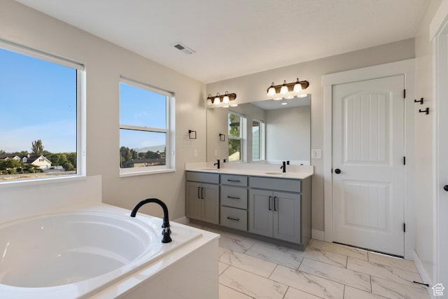 1401 W 1930 N, Pleasant Grove, UT 84062 - bathroom with double vanity, a bath, and marble look tile flooring