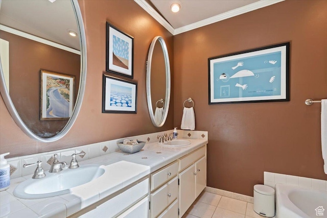 4420 Parkview Dr, Ogden, UT 84403 - bathroom featuring double vanity, tile patterned flooring, crown molding, and a bath