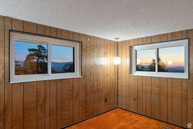 3327 S Crestwood Dr, Salt Lake City, UT 84109 - carpeted spare room featuring a textured ceiling and wood walls