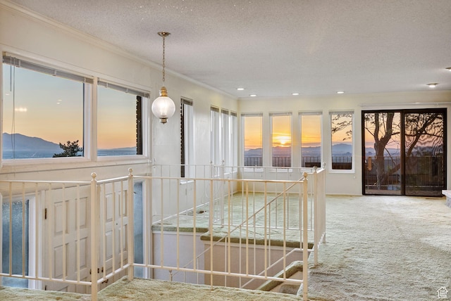 3327 S Crestwood Dr, Salt Lake City, UT 84109 - stairway with carpet flooring, ornamental molding, a textured ceiling, and recessed lighting
