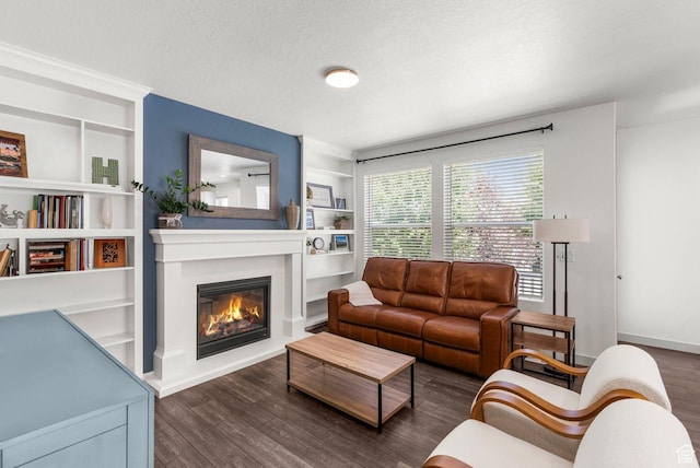 22 W Orchard Ln Unit 202, Bountiful, UT 84010 - living area featuring wood finished floors, a glass covered fireplace, built in features, and a textured ceiling