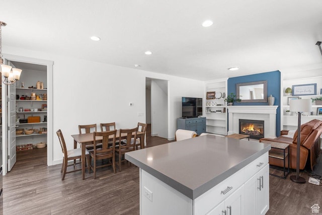 22 W Orchard Ln Unit 202, Bountiful, UT 84010 - kitchen featuring a glass covered fireplace, dark wood-style floors, recessed lighting, a center island, and white cabinets