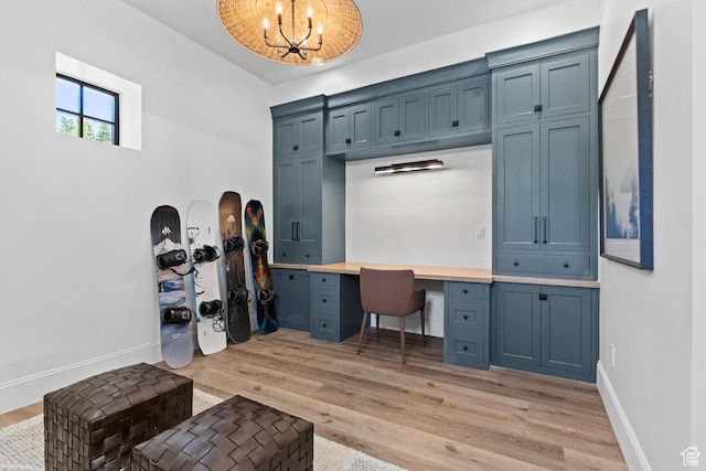926 E Autumn Dr, Brian Head, UT 84719 - office area featuring a chandelier, light wood finished floors, and built in desk