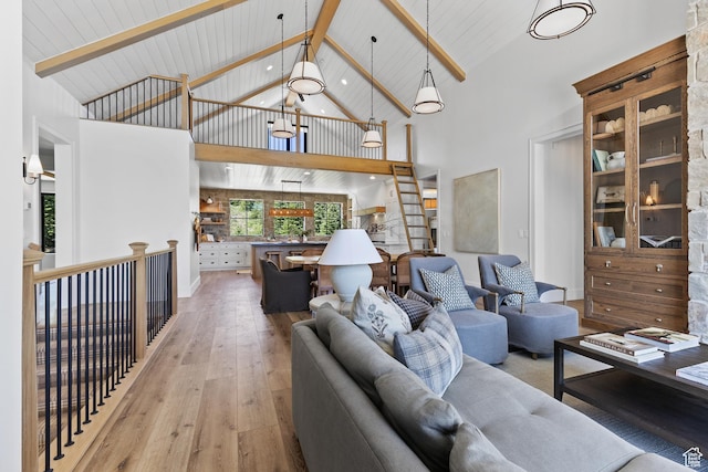 926 E Autumn Dr, Brian Head, UT 84719 - living room featuring hardwood / wood-style floors, high vaulted ceiling, and a wood ceiling with exposed beams