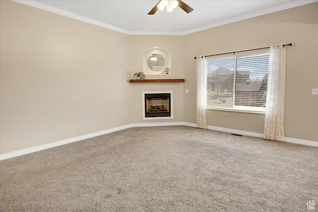 4595 W 1650 N, West Point, UT 84015 - unfurnished living room featuring ornamental molding, a ceiling fan, a fireplace, and carpet
