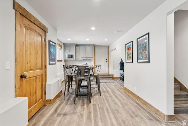 535 Crestview Dr, Park City, UT 84098 - dining space featuring stairs, light wood-style floors, and recessed lighting
