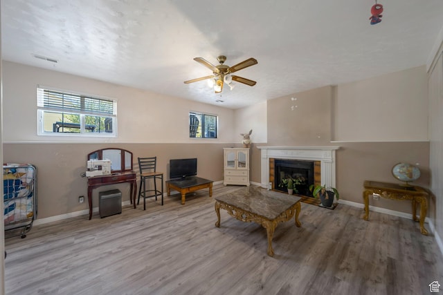 6231 S Westbrook Dr W, Taylorsville, UT 84129 - living room with healthy amount of natural light, wood finished floors, a fireplace, and a ceiling fan