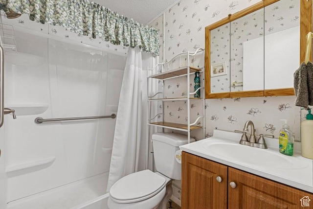 4400 W State St Unit 48, Hurricane, UT 84737 - bathroom featuring wallpapered walls, a shower with shower curtain, vanity, and a textured ceiling