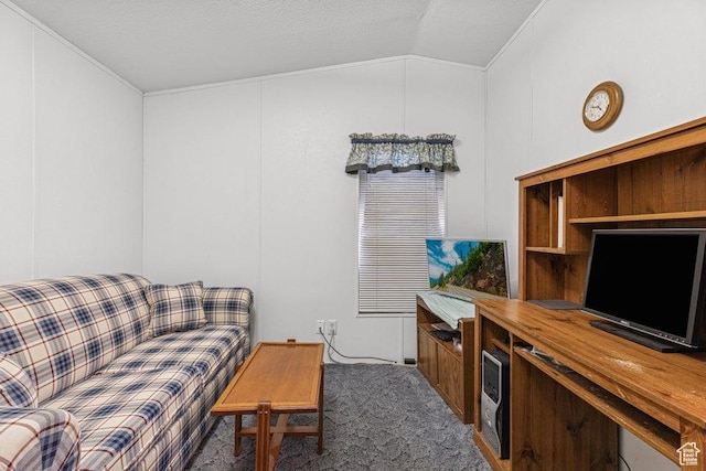 4400 W State St Unit 48, Hurricane, UT 84737 - living room featuring vaulted ceiling, carpet flooring, a desk, and crown molding